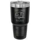 Personalized black 30 oz vacuum insulated tumbler with 'Happy Camper' design