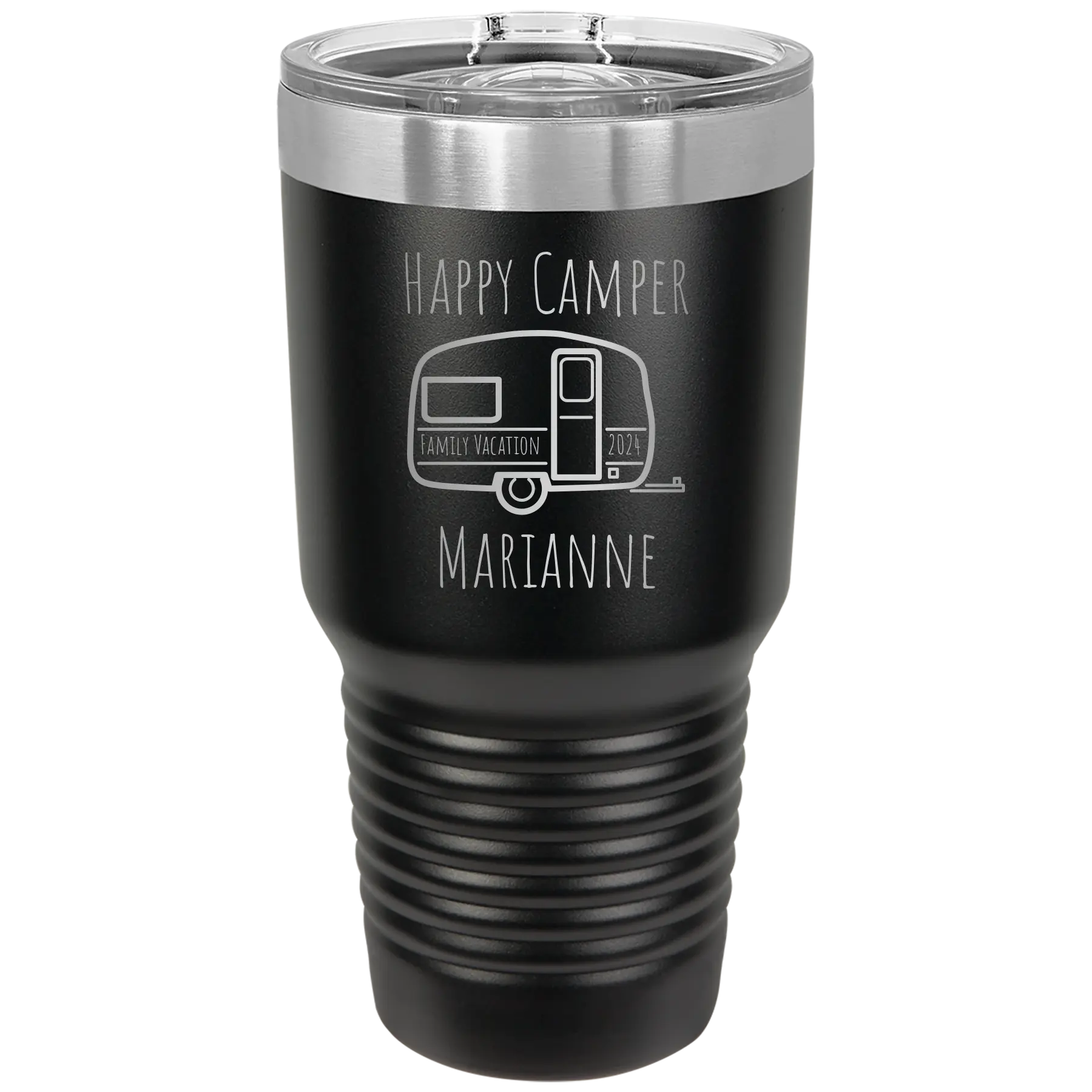 Personalized black 30 oz vacuum insulated tumbler with 'Happy Camper' design