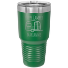 Personalized green 30 oz vacuum insulated tumbler with 'Happy Camper' design