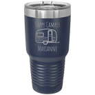 Personalized navy 30 oz vacuum insulated tumbler with 'Happy Camper' design