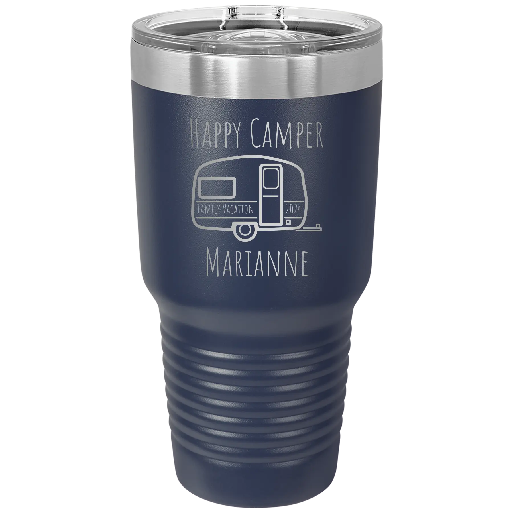 Personalized navy 30 oz vacuum insulated tumbler with 'Happy Camper' design