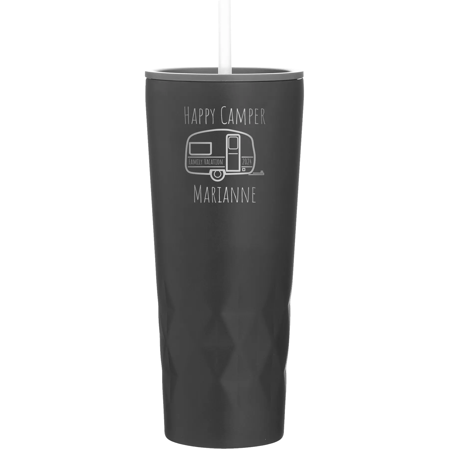 Personalized black 20 oz vacuum insulated tumbler with 'Happy Camper' design
