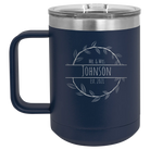 Personalized navy 15 oz vacuum insulated coffee mug with 'Last Name and Est' design
