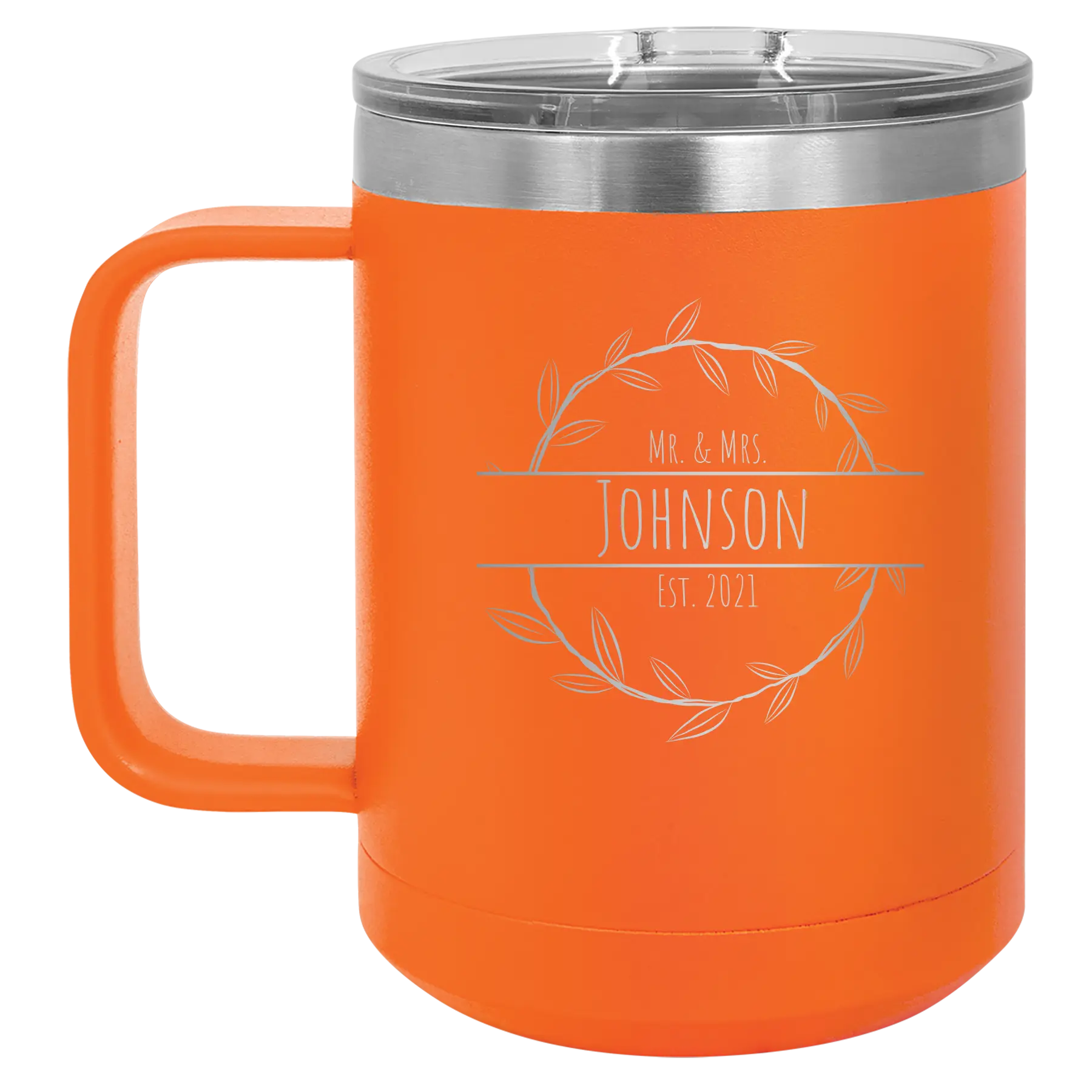 Personalized orange 15 oz vacuum insulated coffee mug with 'Last Name and Est' design