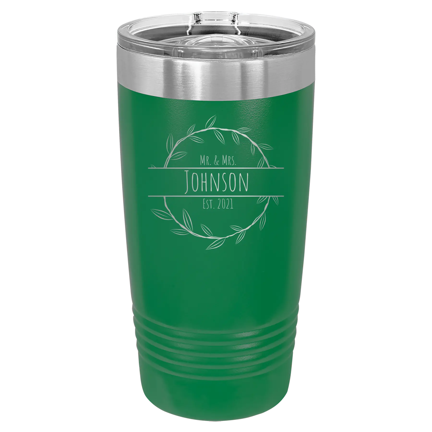 Personalized green 20 oz vacuum insulated tumbler with 'Last Name and Est' design