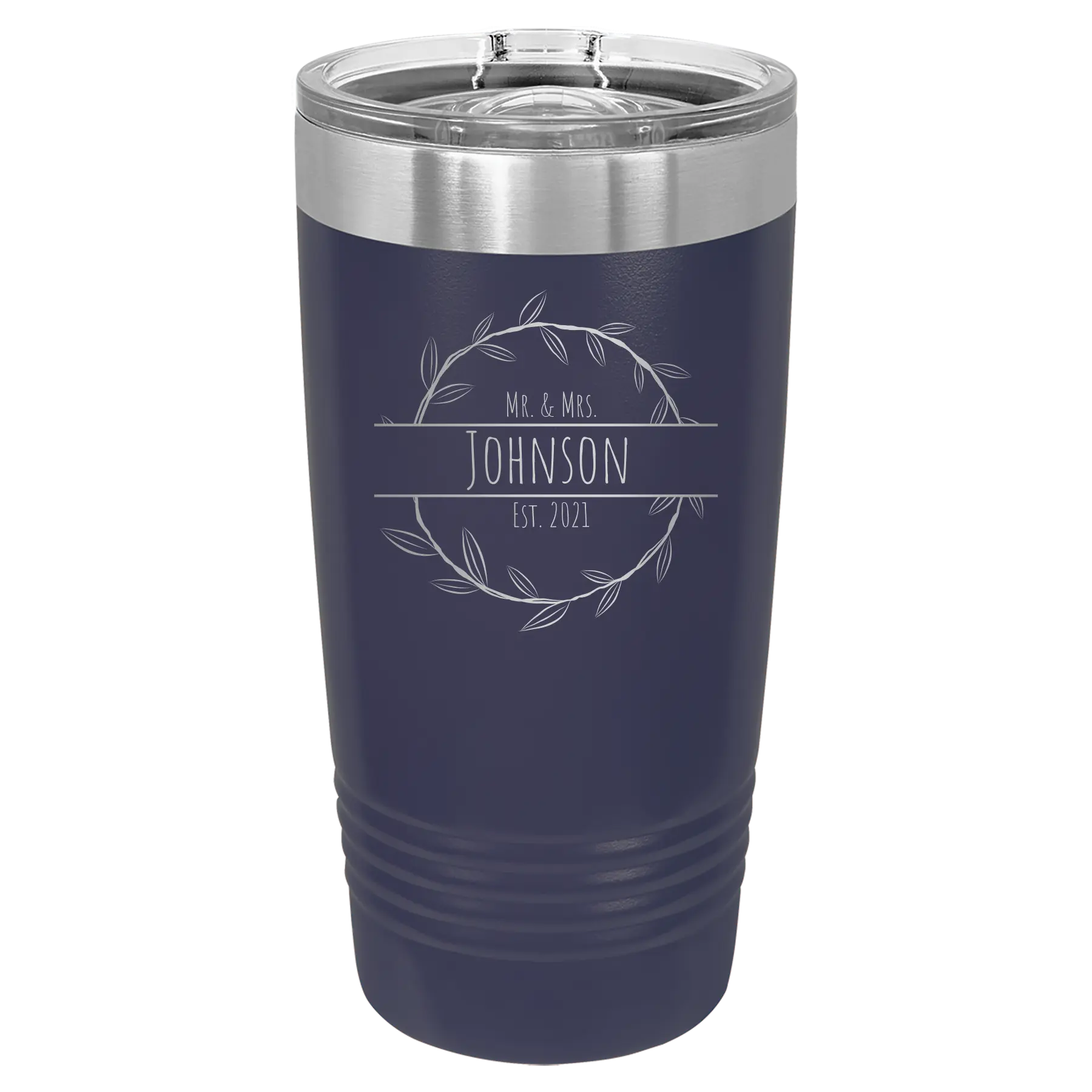 Personalized navy 20 oz vacuum insulated tumbler with 'Last Name and Est' design