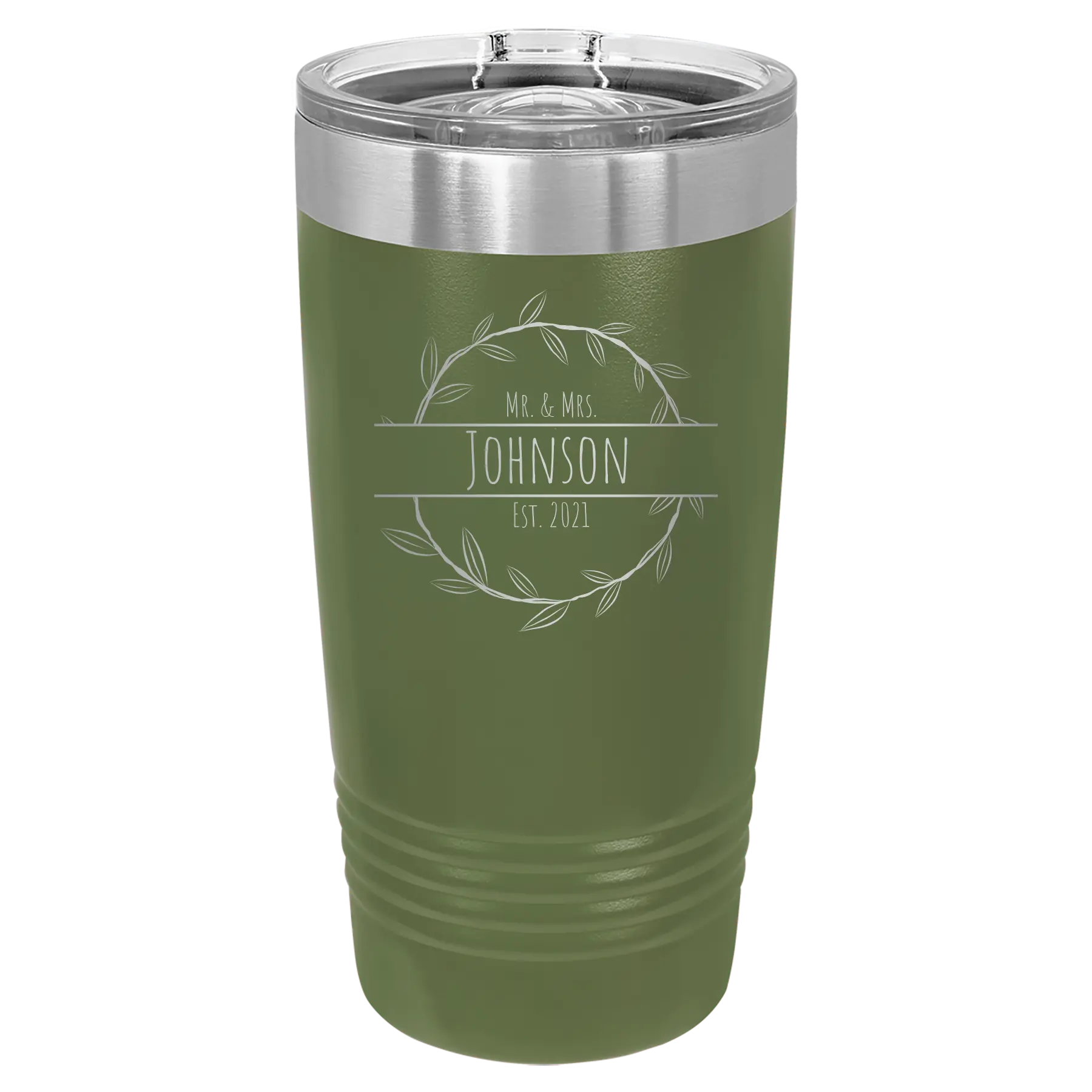 Personalized olive green 20 oz vacuum insulated tumbler with 'Last Name and Est' design