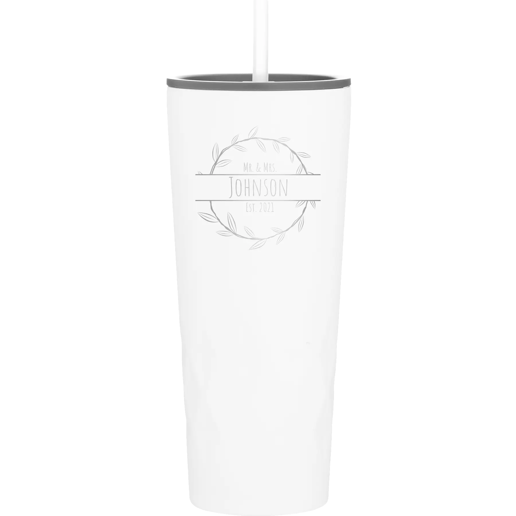 Personalized white 20 oz vacuum insulated tumbler with 'Last Name and Est' design