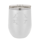 Personalized white 12 oz vacuum insulated wine cup with 'Last Name and Est' design