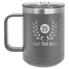 Personalized dark gray 15 oz vacuum insulated coffee mug with 'Years' design