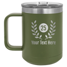 Personalized olive green 15 oz vacuum insulated coffee mug with 'Years' design