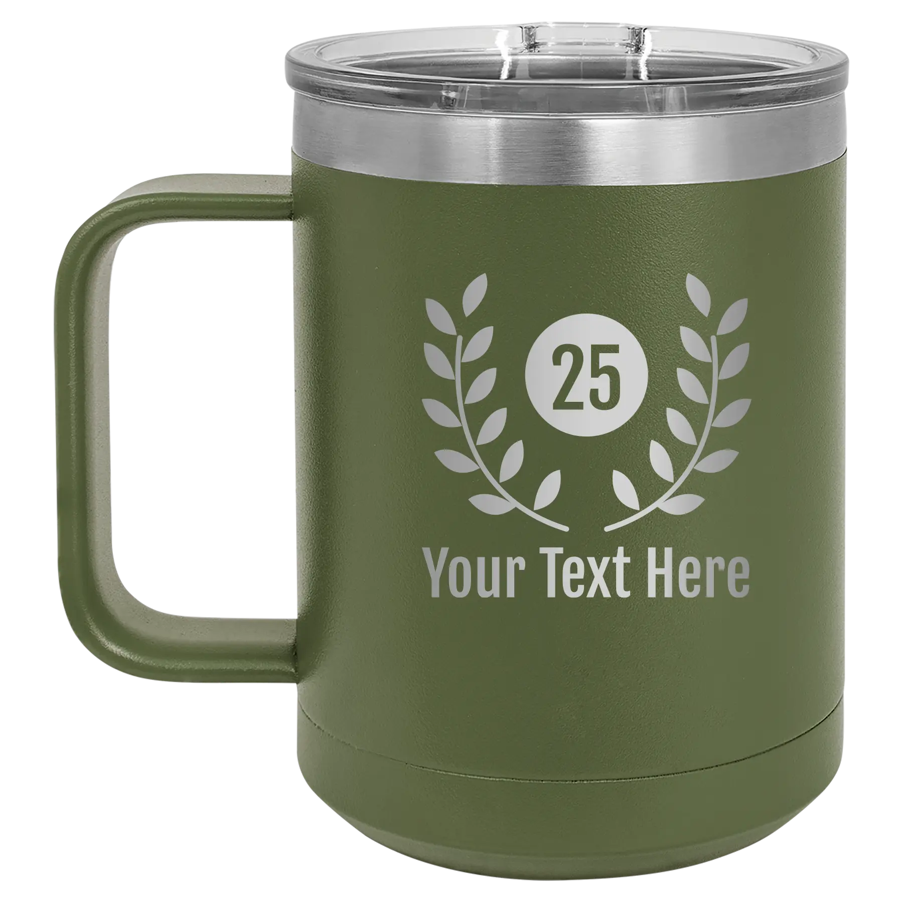 Personalized olive green 15 oz vacuum insulated coffee mug with 'Years' design