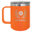 Personalized orange 15 oz vacuum insulated coffee mug with 'Years' design