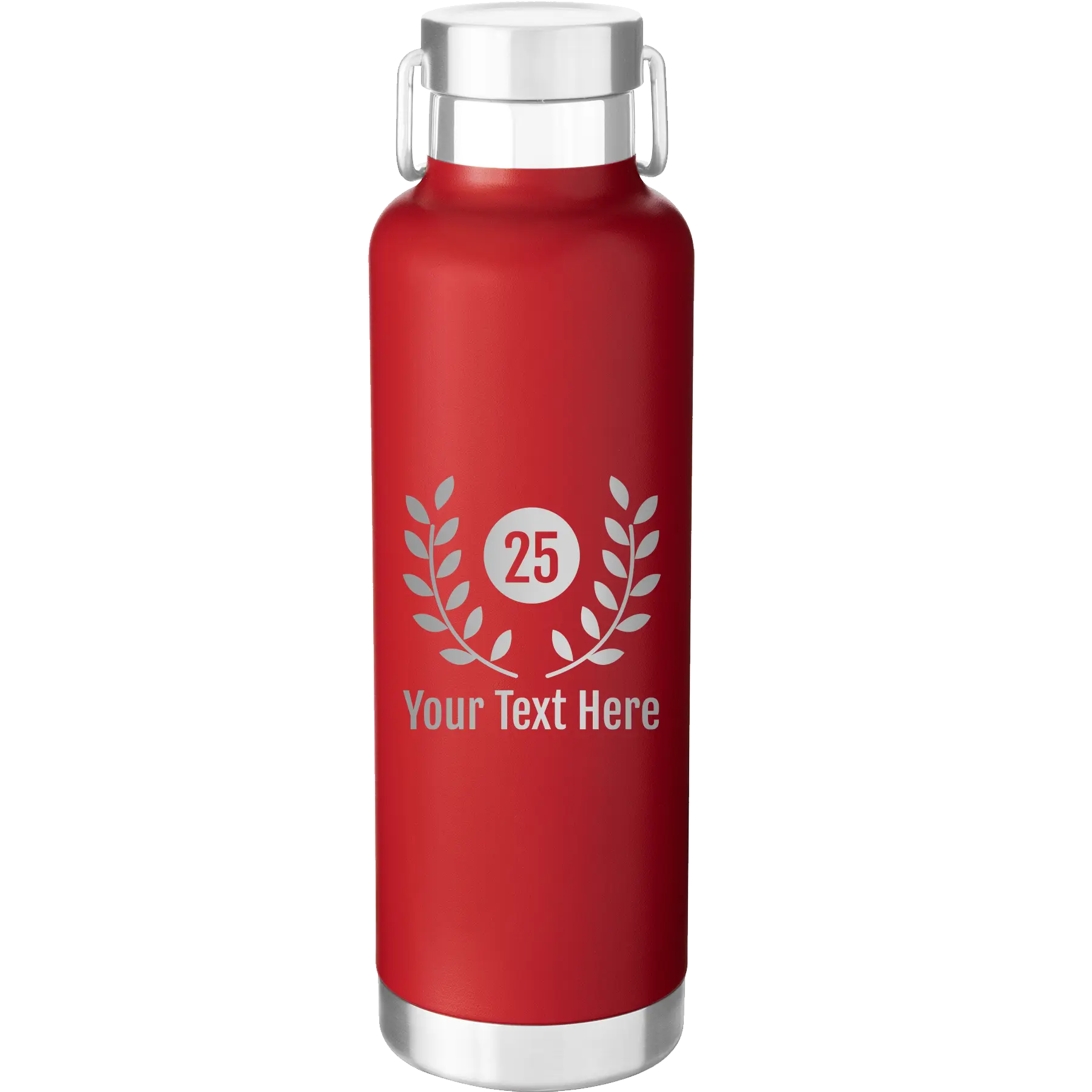 Personalized red 24 oz vacuum insulated water bottle with 'Years' design