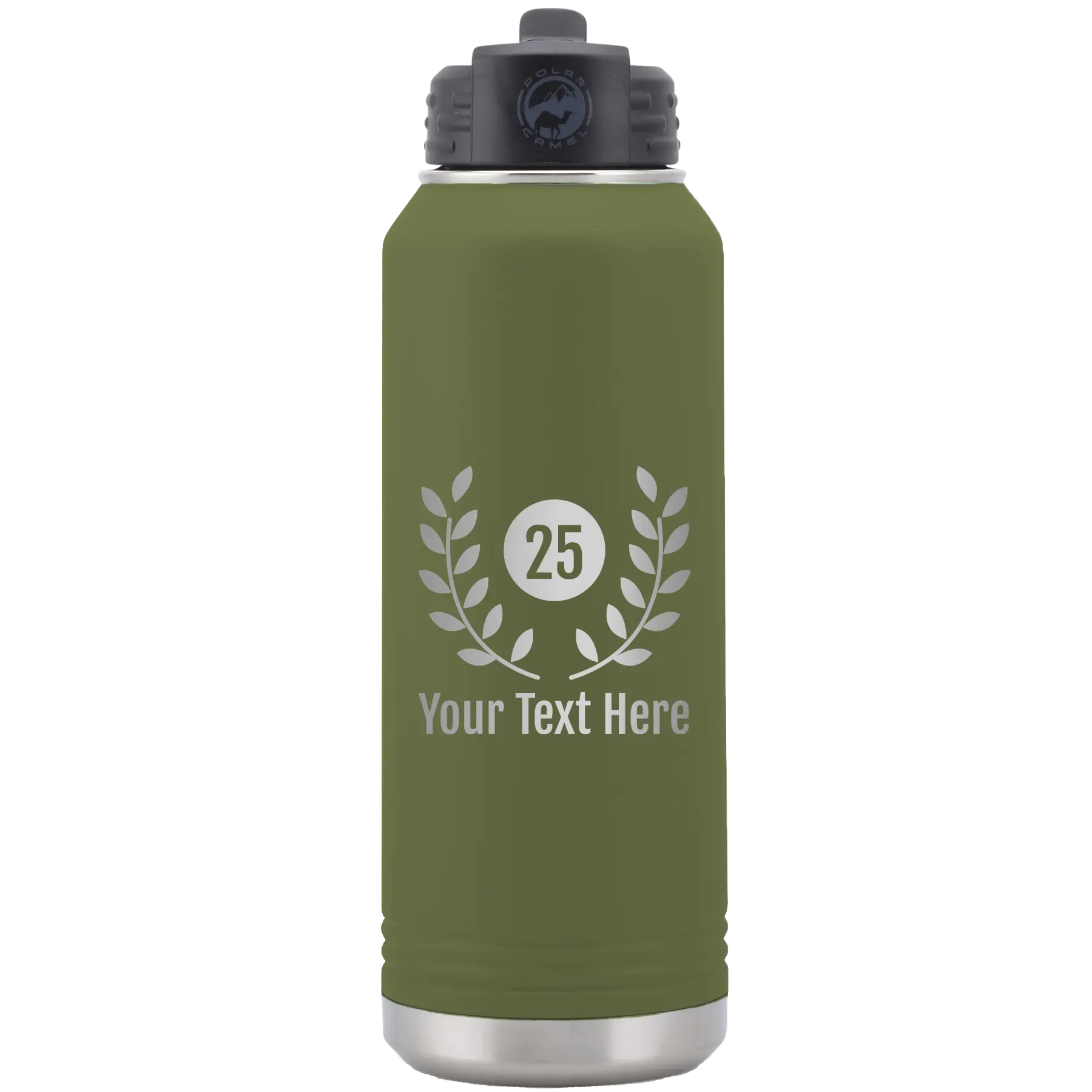 Personalized olive green 32 oz vacuum insulated water bottle with 'Years' design