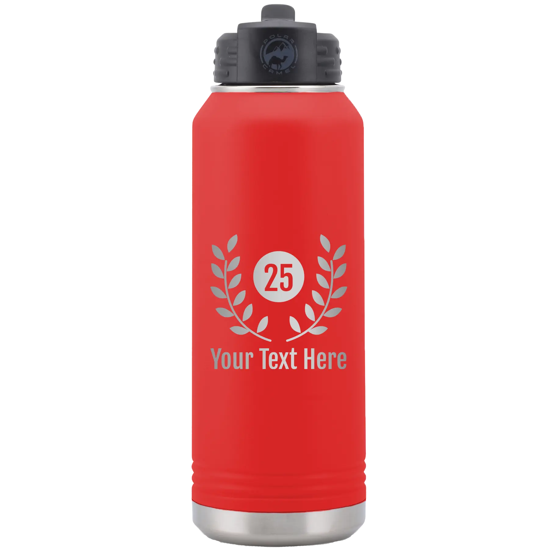 Personalized red 32 oz vacuum insulated water bottle with 'Years' design