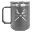 Personalized dark gray 15 oz vacuum insulated coffee mug with 'Lacrosse' design