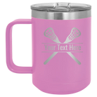 Personalized light purple 15 oz vacuum insulated coffee mug with 'Lacrosse' design