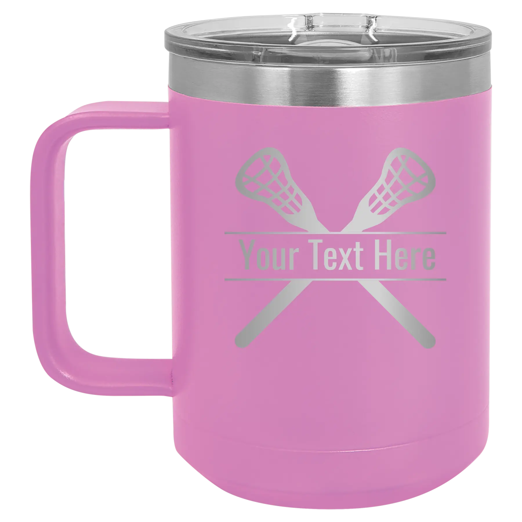 Personalized light purple 15 oz vacuum insulated coffee mug with 'Lacrosse' design
