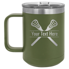 Personalized olive green 15 oz vacuum insulated coffee mug with 'Lacrosse' design