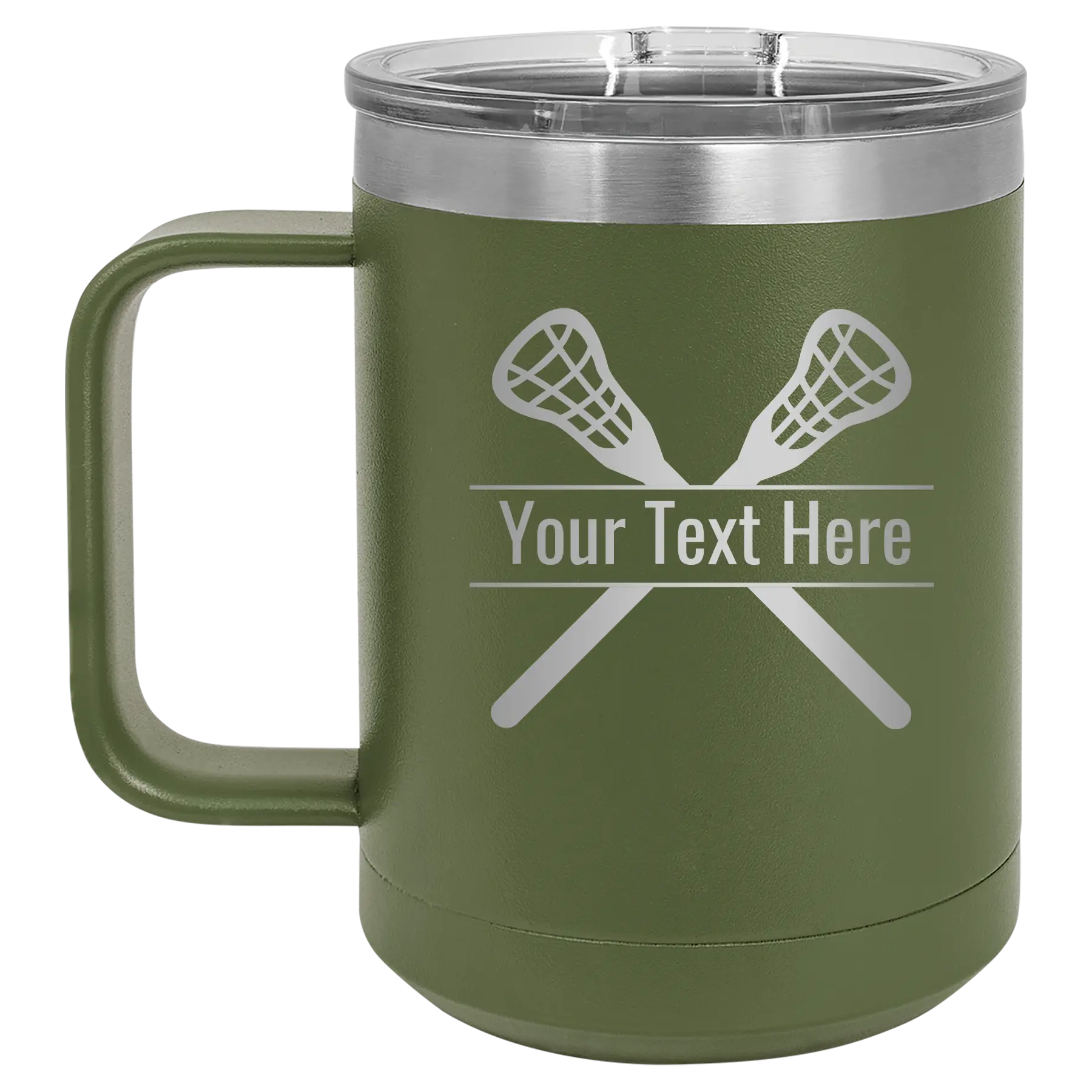 Personalized olive green 15 oz vacuum insulated coffee mug with 'Lacrosse' design