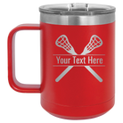 Personalized red 15 oz vacuum insulated coffee mug with 'Lacrosse' design
