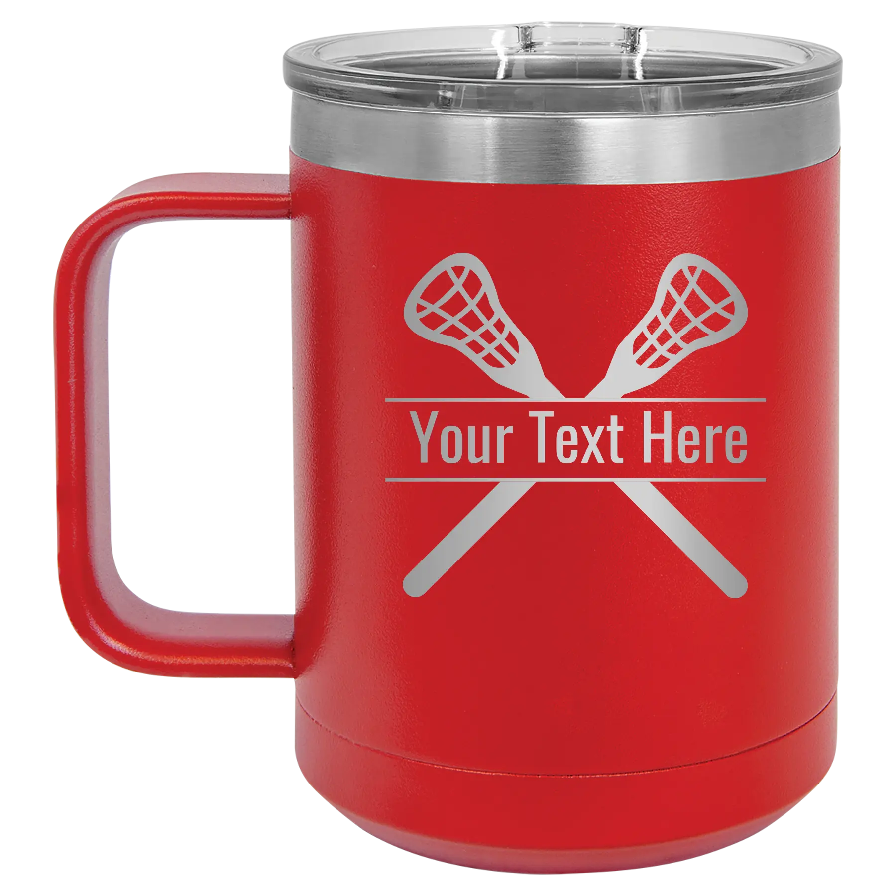 Personalized red 15 oz vacuum insulated coffee mug with 'Lacrosse' design
