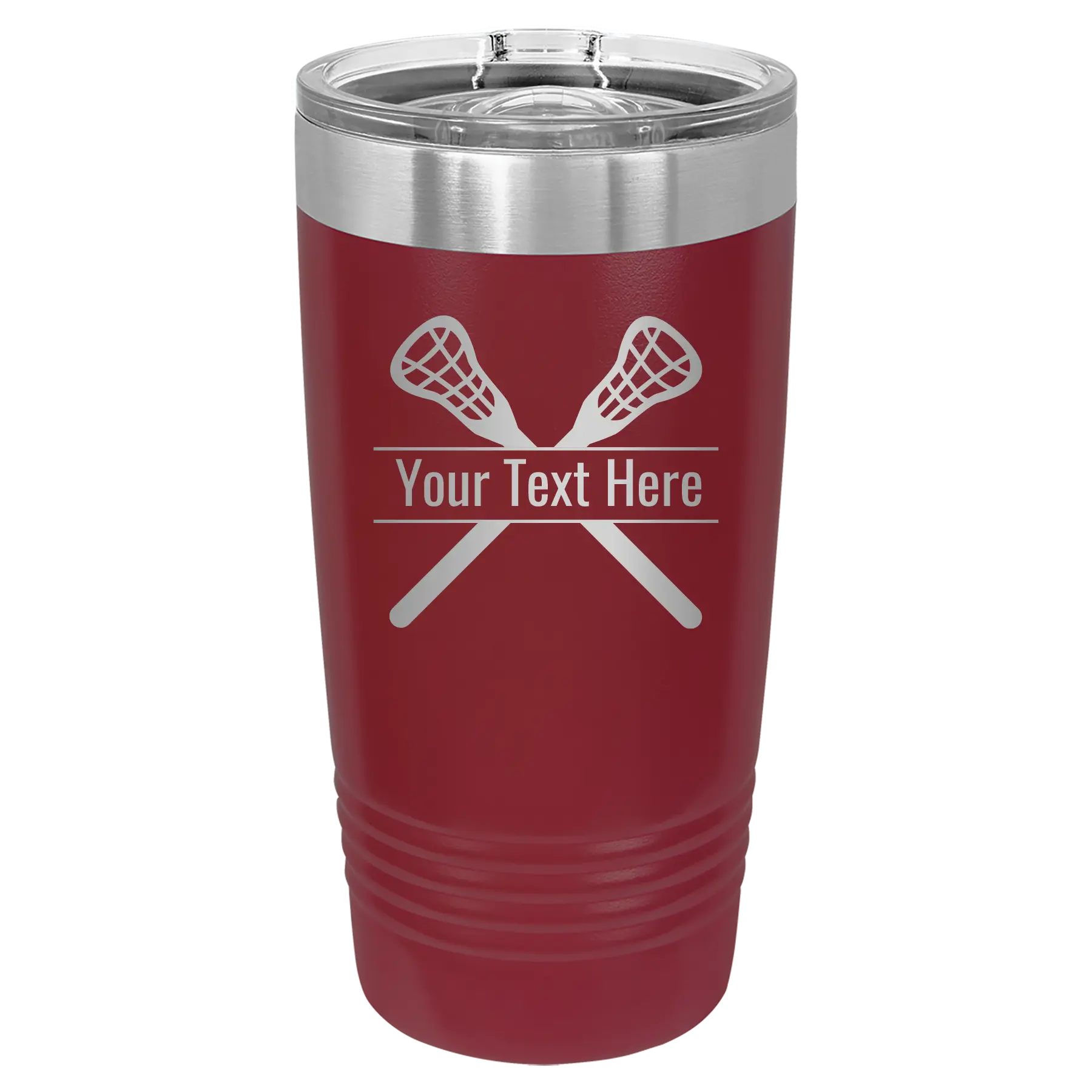 Personalized maroon 20 oz vacuum insulated tumbler with 'Lacrosse' design