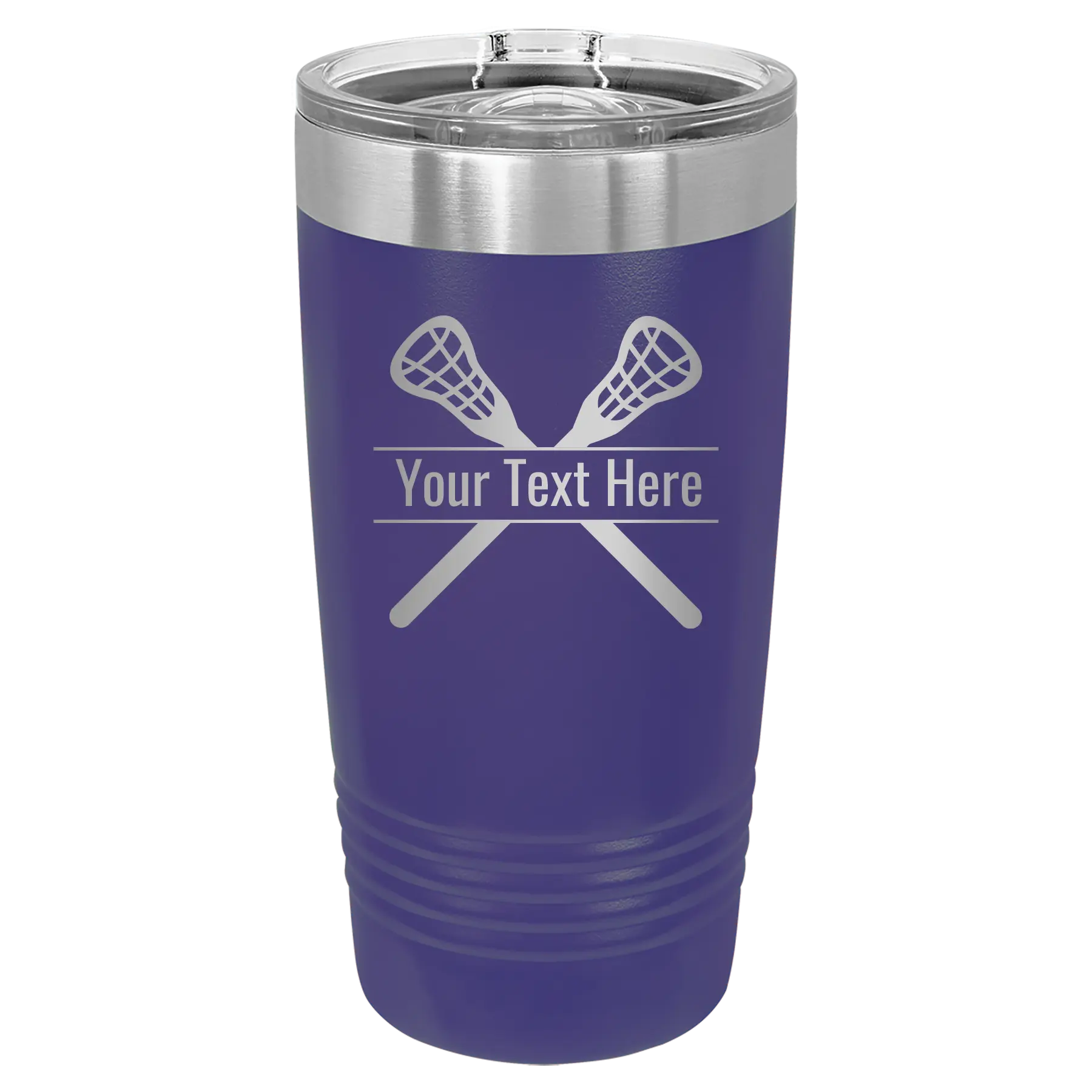 Personalized purple 20 oz vacuum insulated tumbler with 'Lacrosse' design