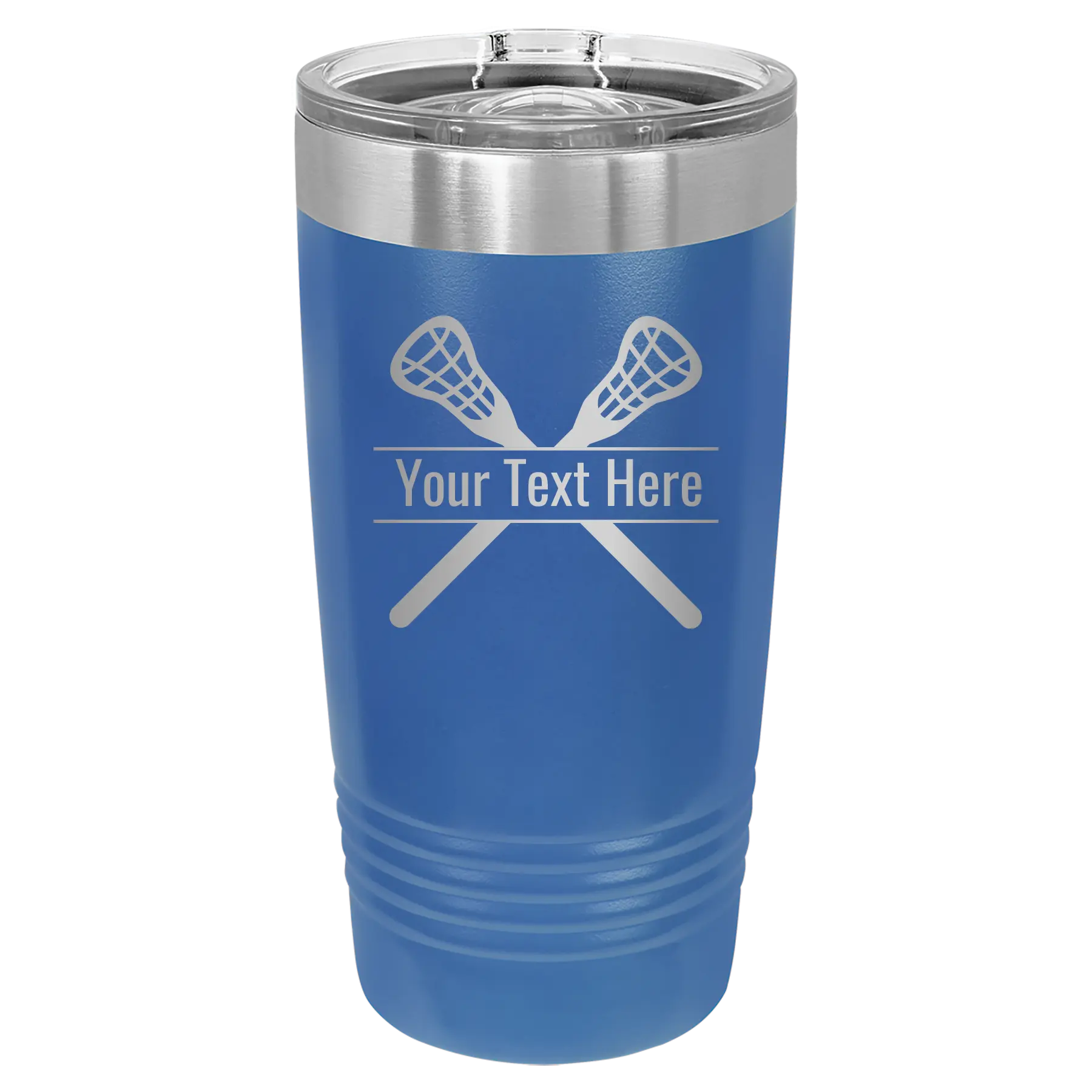 Personalized royal blue 20 oz vacuum insulated tumbler with 'Lacrosse' design