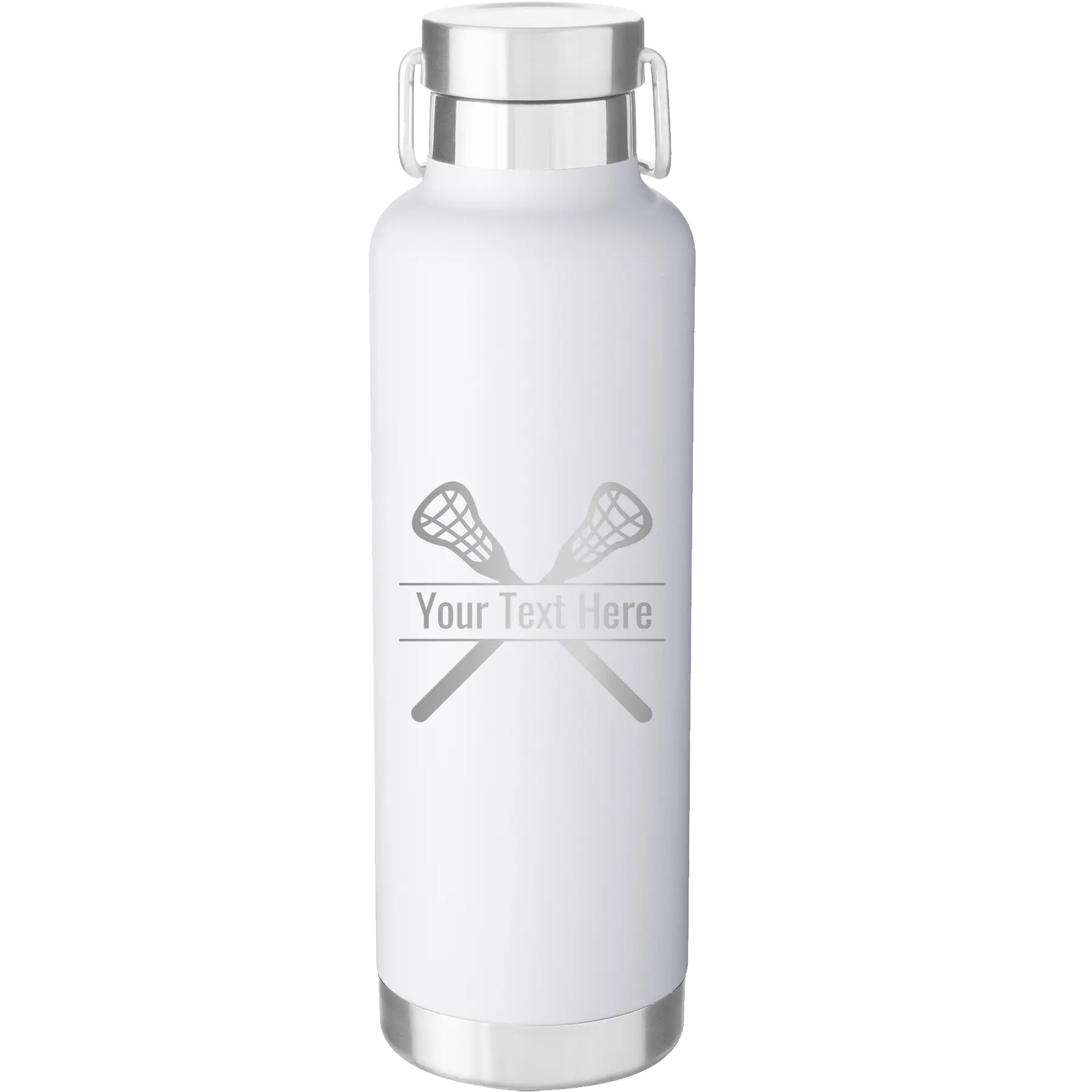 Personalized white 24 oz vacuum insulated water bottle with 'Lacrosse' design