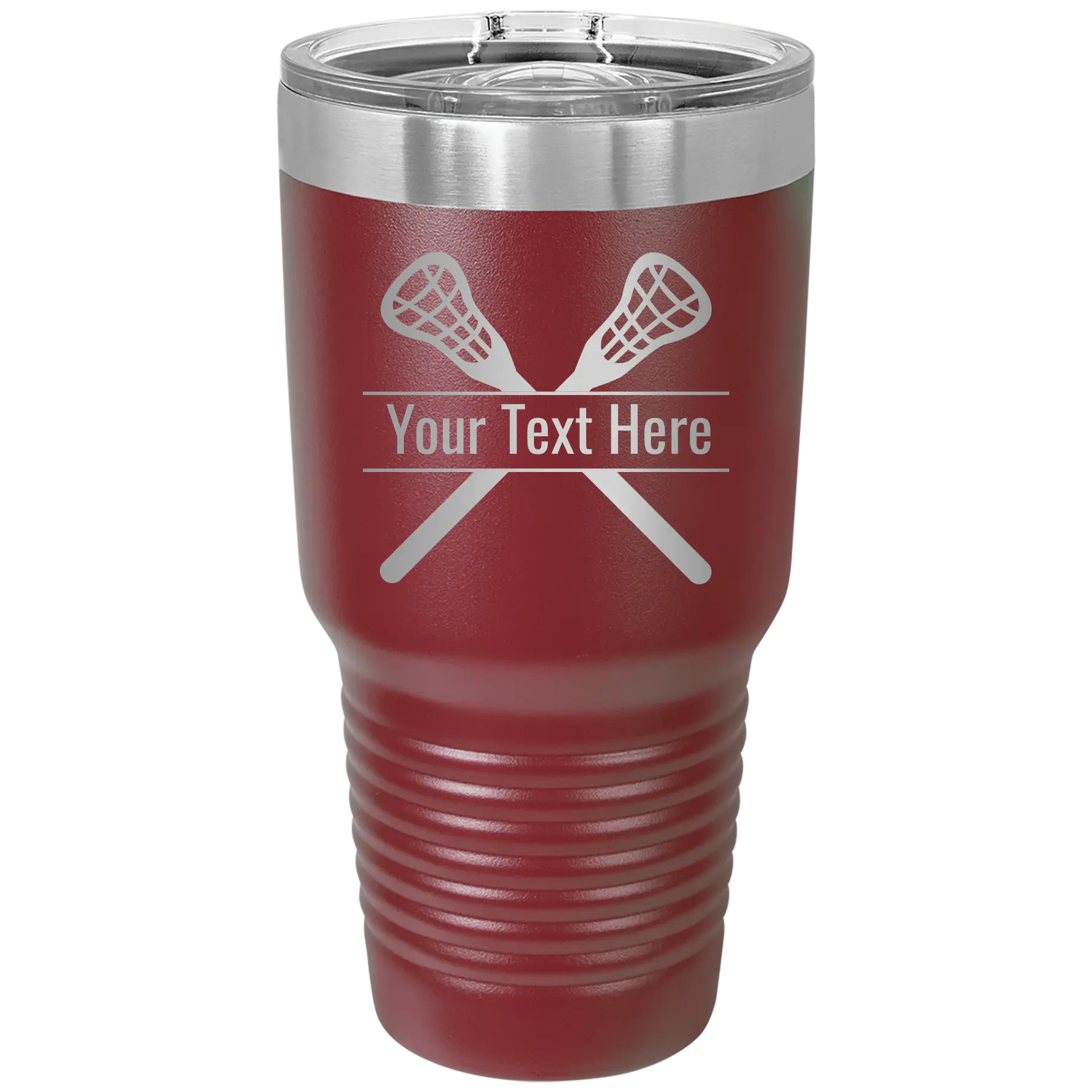 Personalized maroon 30 oz vacuum insulated tumbler with 'Lacrosse' design