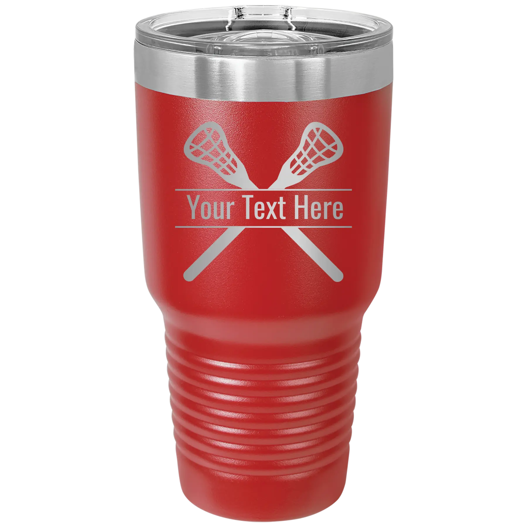 Personalized red 30 oz vacuum insulated tumbler with 'Lacrosse' design