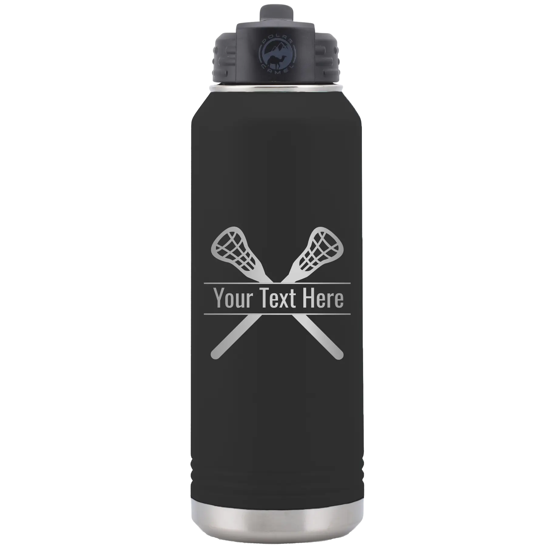 Personalized black 32 oz vacuum insulated water bottle with 'Lacrosse' design