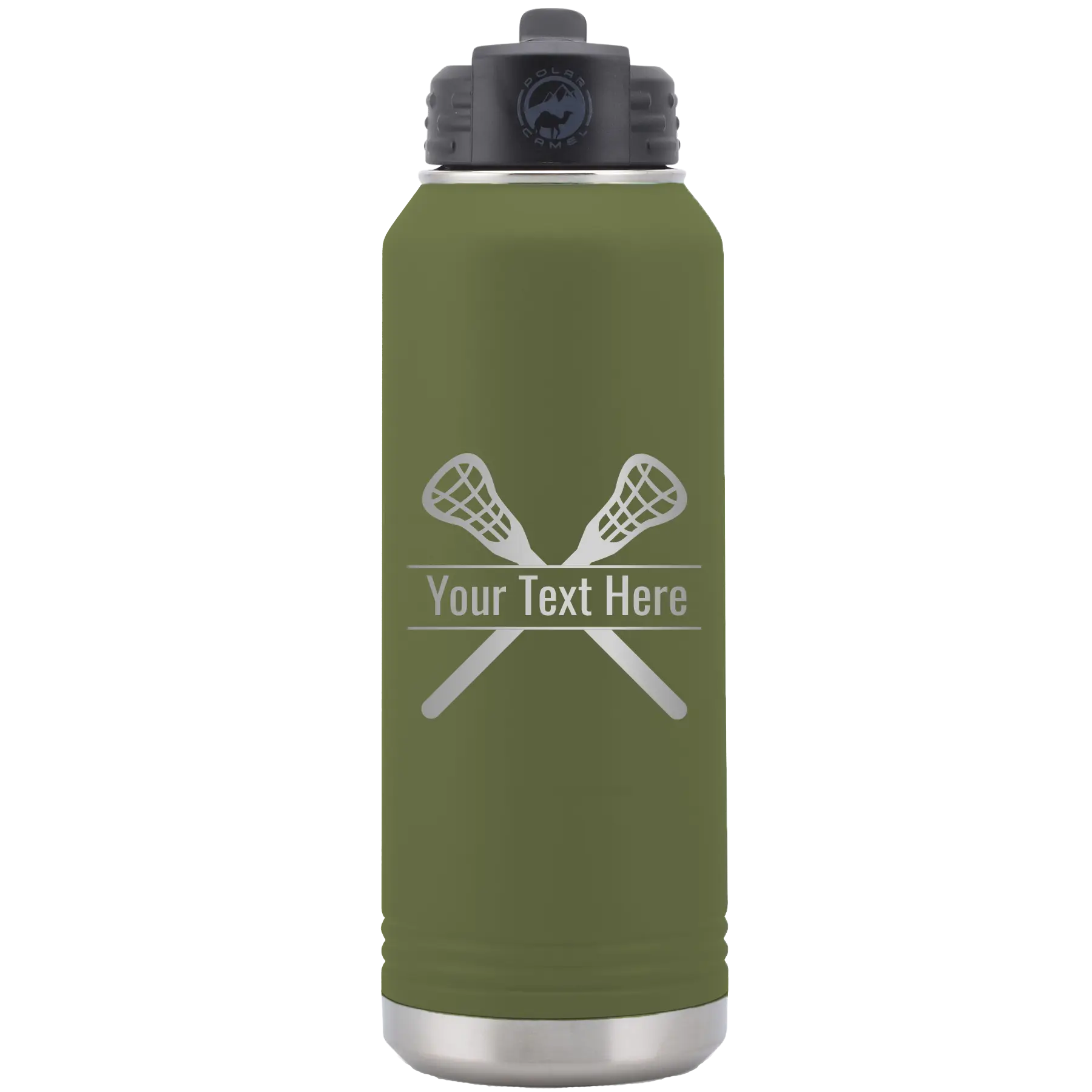 Personalized olive green 32 oz vacuum insulated water bottle with 'Lacrosse' design
