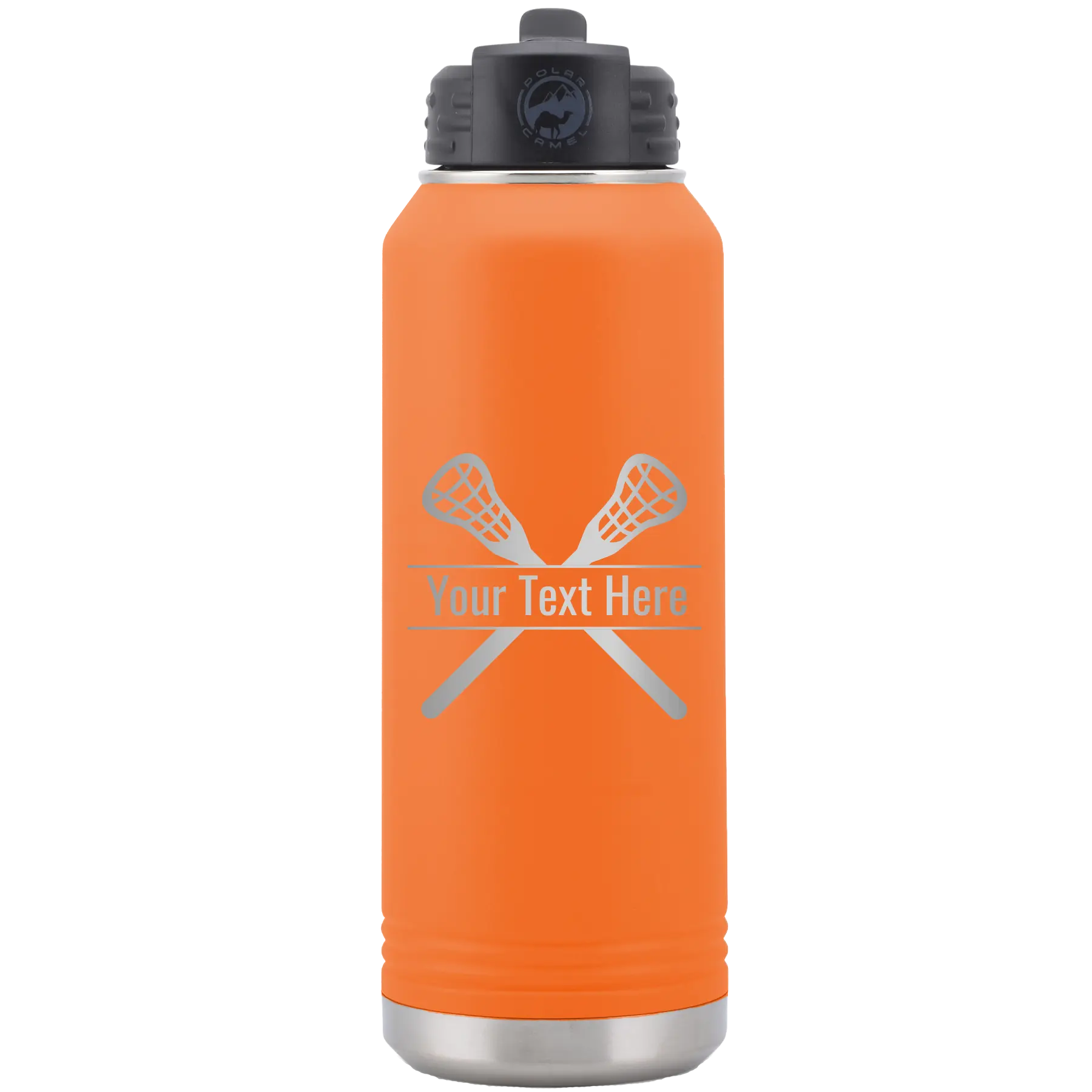 Personalized orange 32 oz vacuum insulated water bottle with 'Lacrosse' design