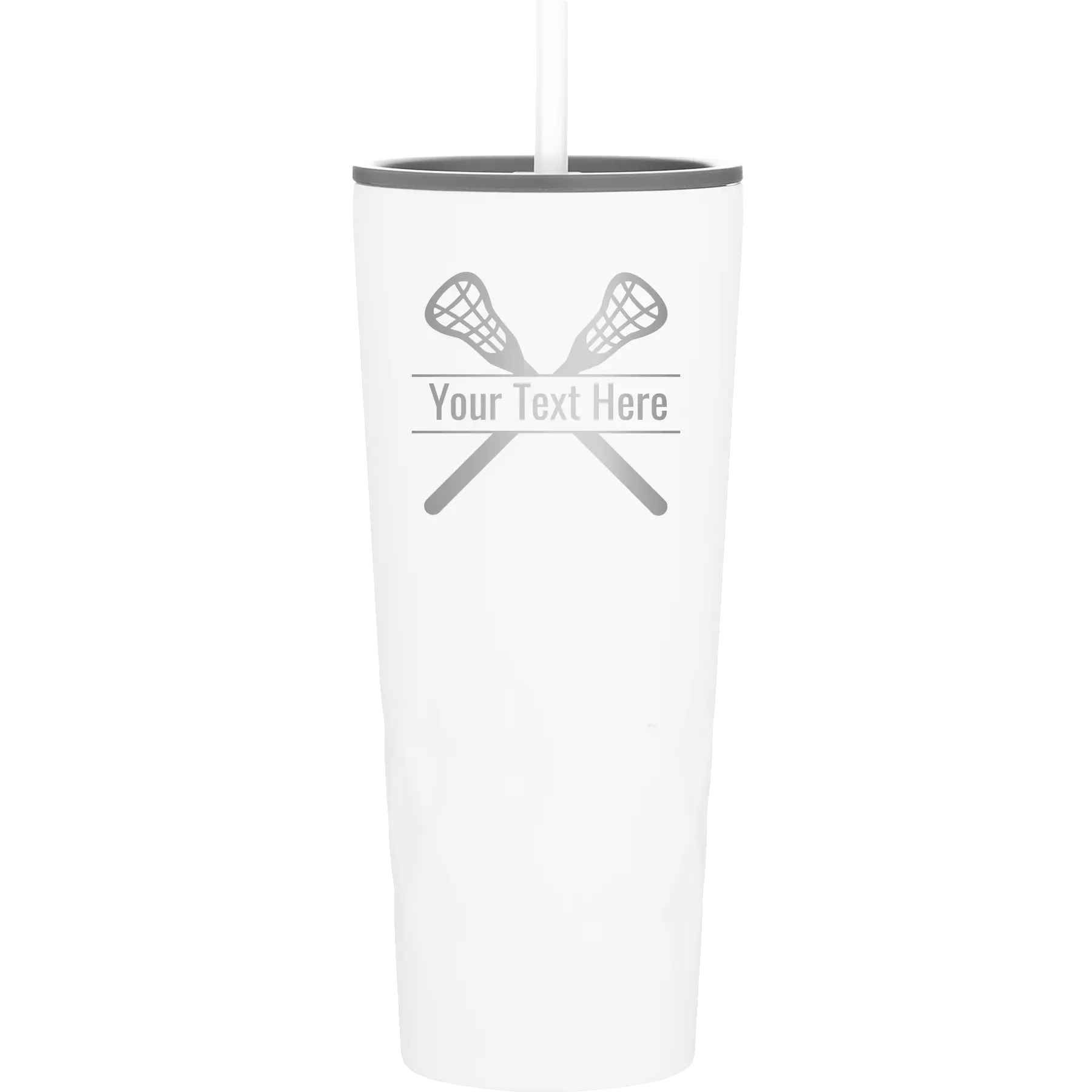 Personalized white 20 oz vacuum insulated tumbler with 'Lacrosse' design