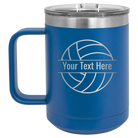 Personalized royal blue 15 oz vacuum insulated coffee mug with 'Volleyball' design