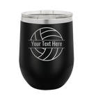 Personalized black 12 oz vacuum insulated wine cup with 'Volleyball' design