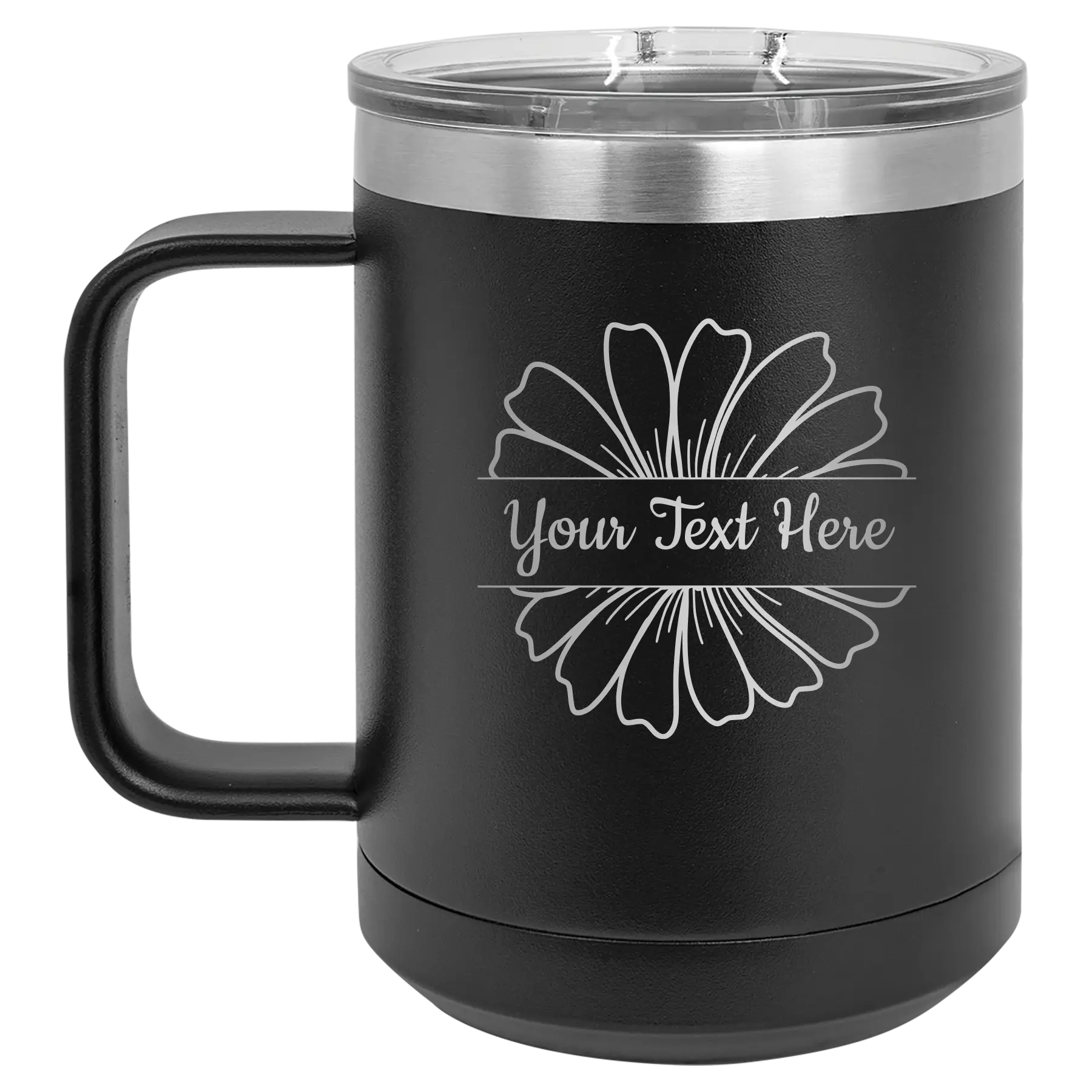 Personalized black 15 oz vacuum insulated coffee mug with 'Flower 1' design
