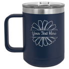 Personalized navy 15 oz vacuum insulated coffee mug with 'Flower 1' design