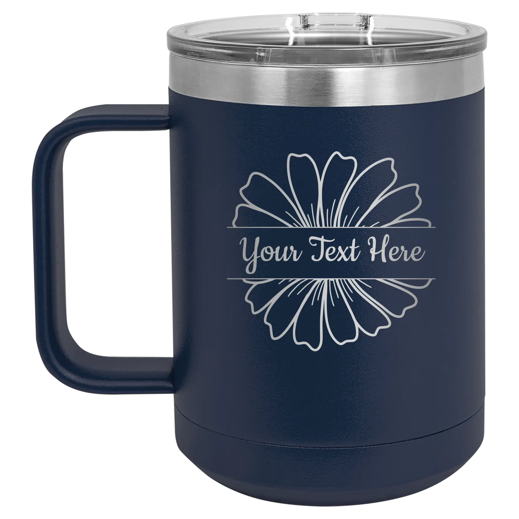 Personalized navy 15 oz vacuum insulated coffee mug with 'Flower 1' design
