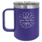 Personalized purple 15 oz vacuum insulated coffee mug with 'Flower 1' design
