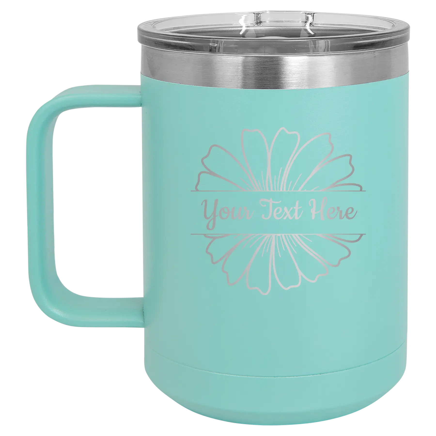 Personalized teal 15 oz vacuum insulated coffee mug with 'Flower 1' design