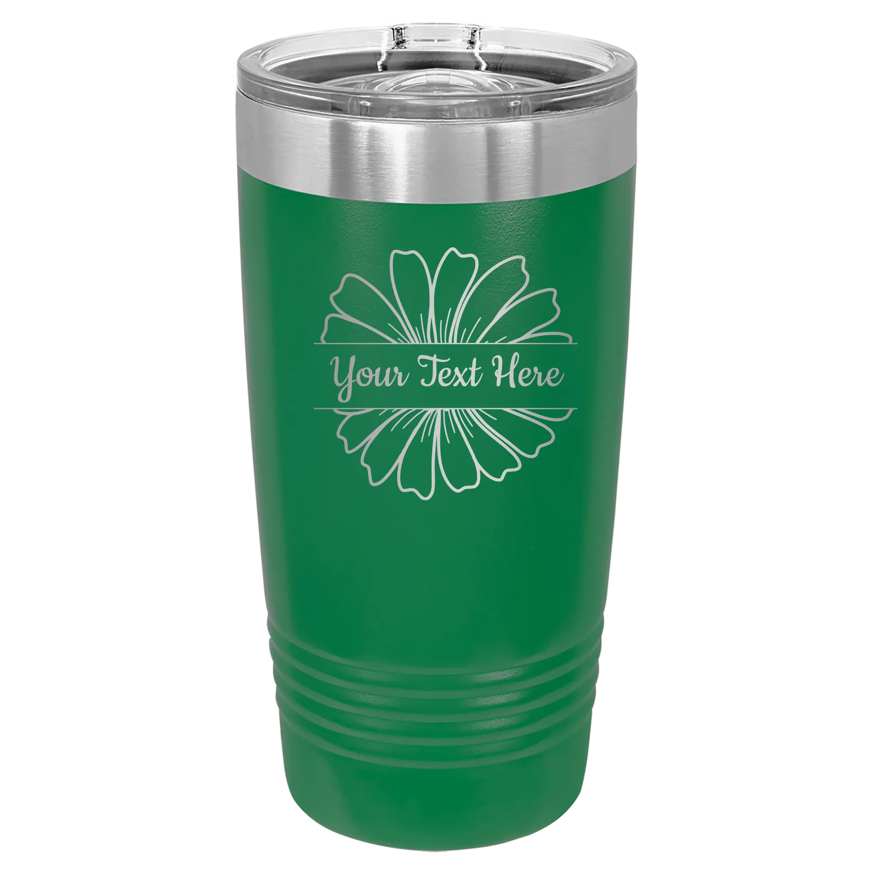 Personalized green 20 oz vacuum insulated tumbler with 'Flower 1' design