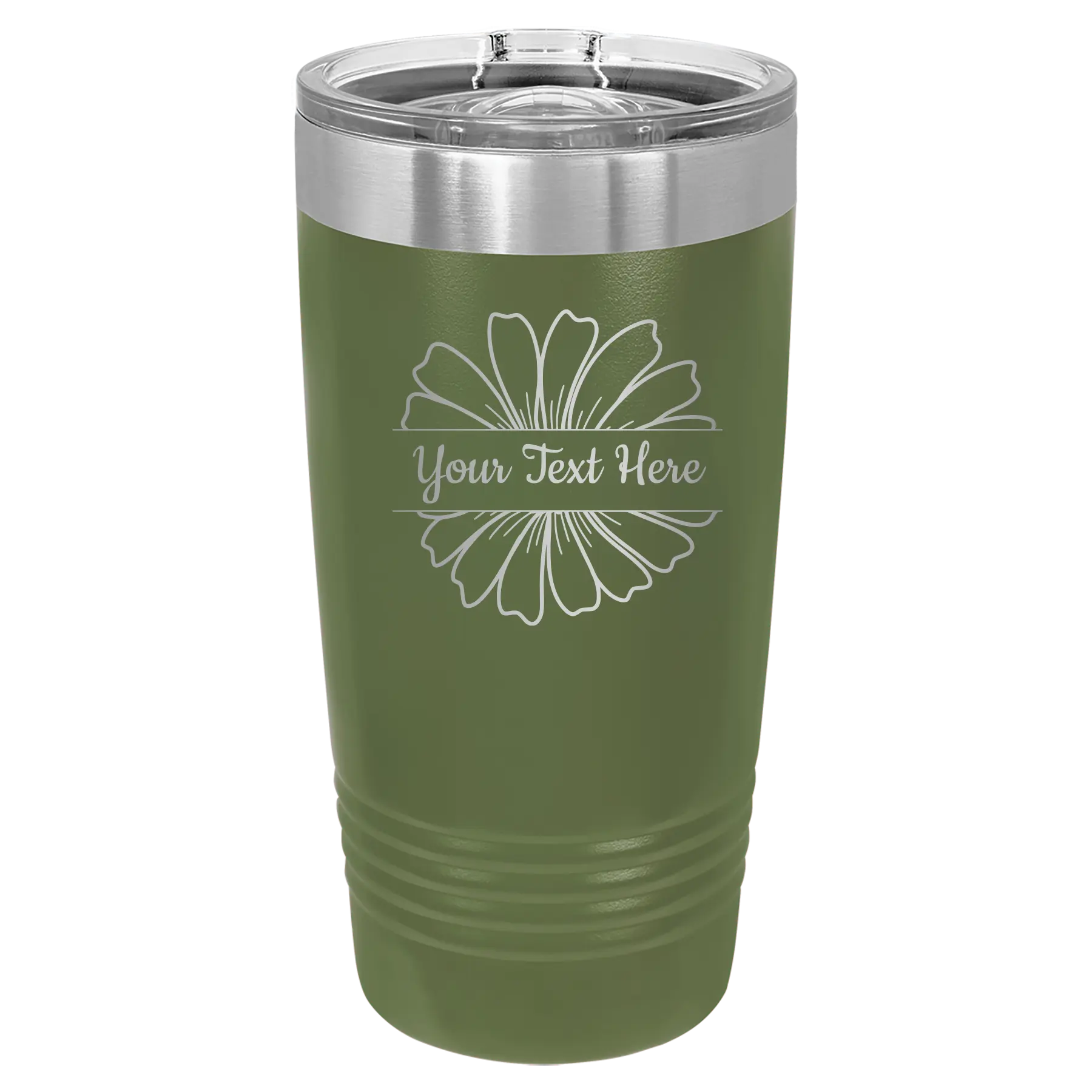 Personalized olive green 20 oz vacuum insulated tumbler with 'Flower 1' design