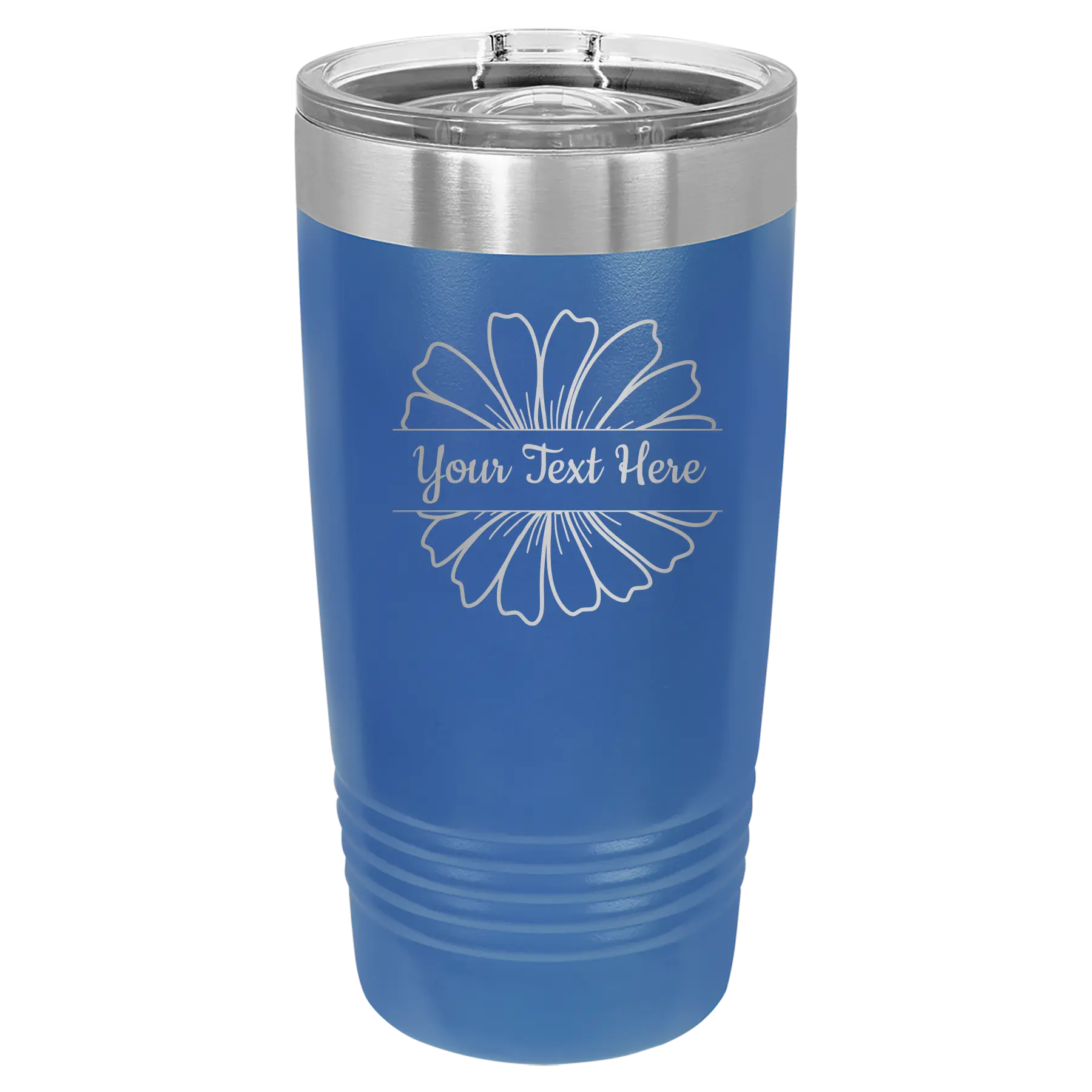 Personalized royal blue 20 oz vacuum insulated tumbler with 'Flower 1' design