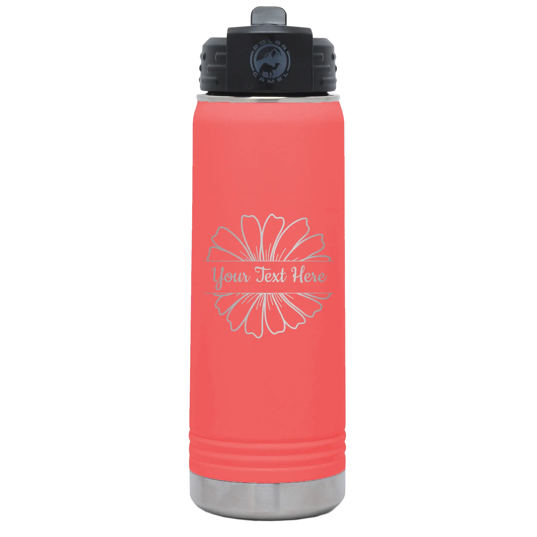 Personalized coral 20 oz vacuum insulated water bottle with 'Flower 1' design