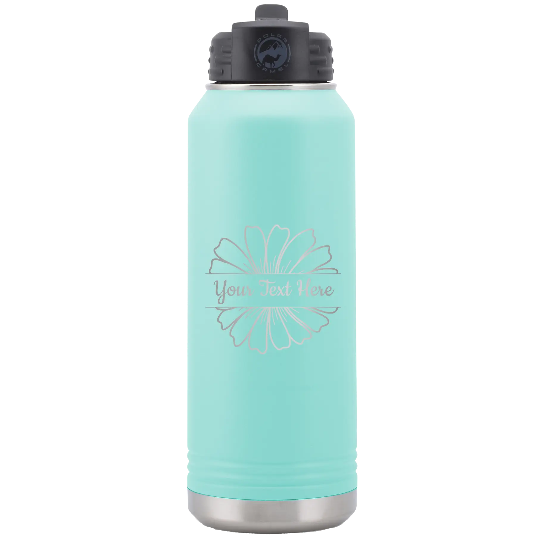 Personalized teal 32 oz vacuum insulated water bottle with 'Flower 1' design