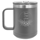 Personalized dark gray 15 oz vacuum insulated coffee mug with 'Flower Frame 1' design